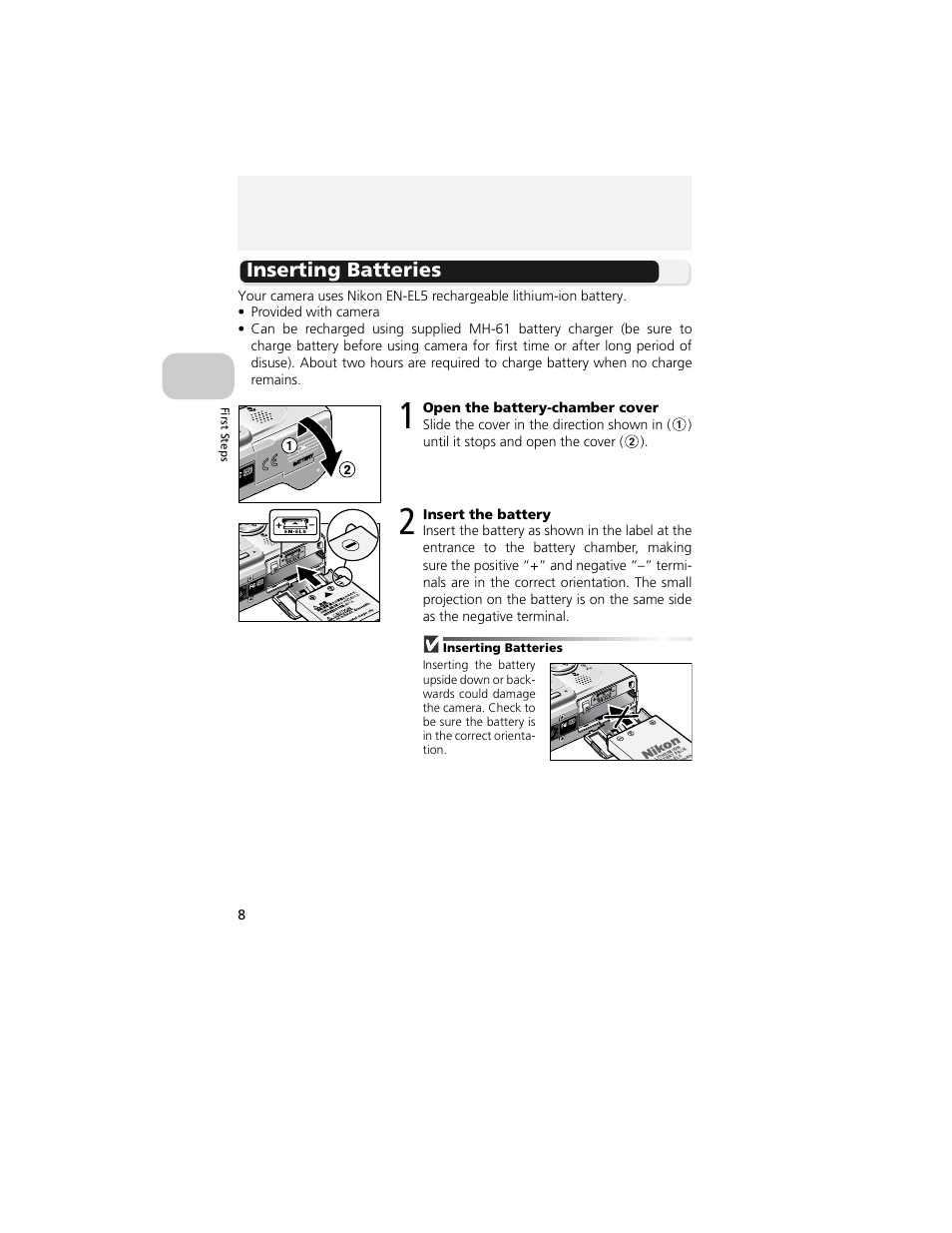 First steps, Inserting batteries | Nikon 4200 User Manual | Page 18 / 152