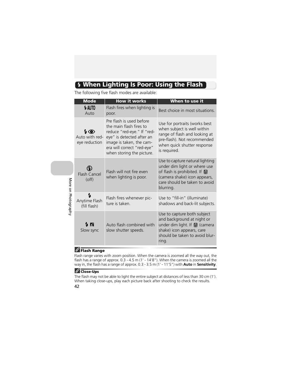 More on photography, When lighting is poor: using the flash | Nikon 4200 User Manual | Page 52 / 152