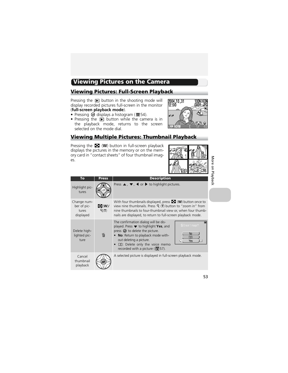 More on playback, Viewing pictures on the camera, Viewing pictures: full-screen playback | Viewing multiple pictures: thumbnail playback | Nikon 4200 User Manual | Page 63 / 152