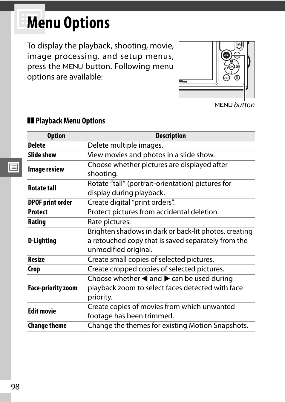 Menu options, Playback menu options | Nikon AW1 User Manual | Page 100 / 144