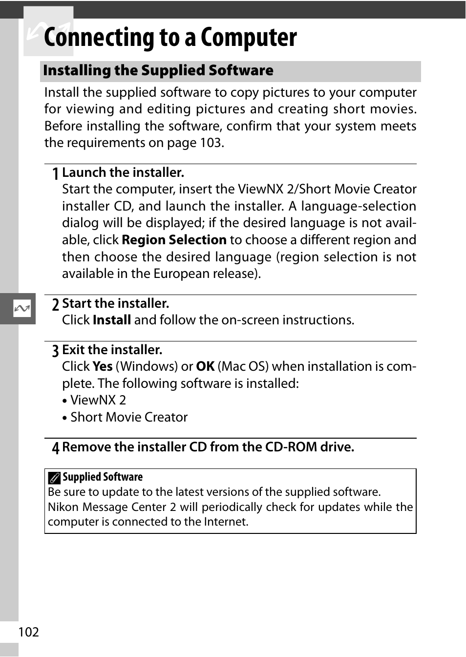 Connecting to a computer, Installing the supplied software | Nikon AW1 User Manual | Page 104 / 144