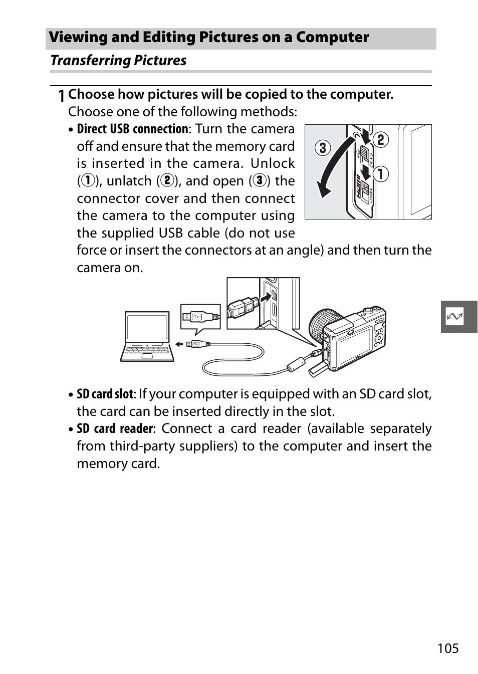 Viewing and editing pictures on a computer, Transferring pictures | Nikon AW1 User Manual | Page 107 / 144