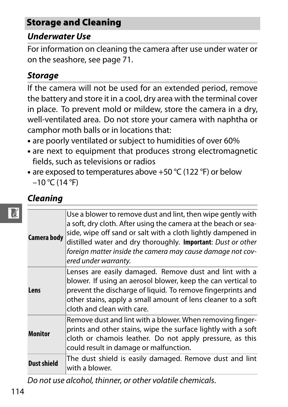 Storage and cleaning, Underwater use, Storage | Cleaning | Nikon AW1 User Manual | Page 116 / 144