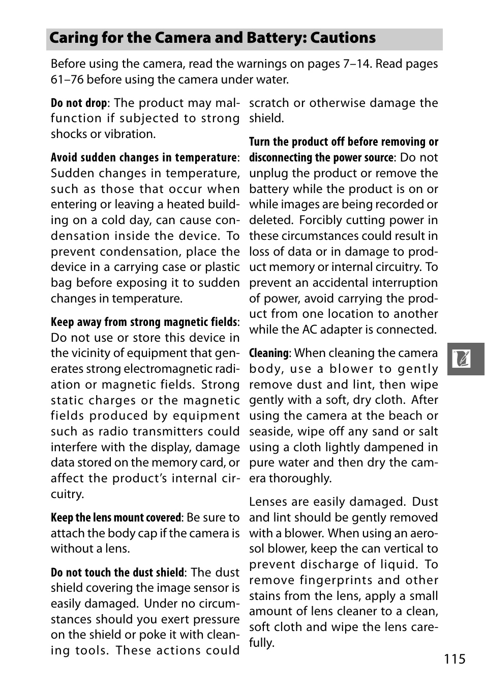 Caring for the camera and battery: cautions, Caring for the cam, Era and battery: cautions | Nikon AW1 User Manual | Page 117 / 144