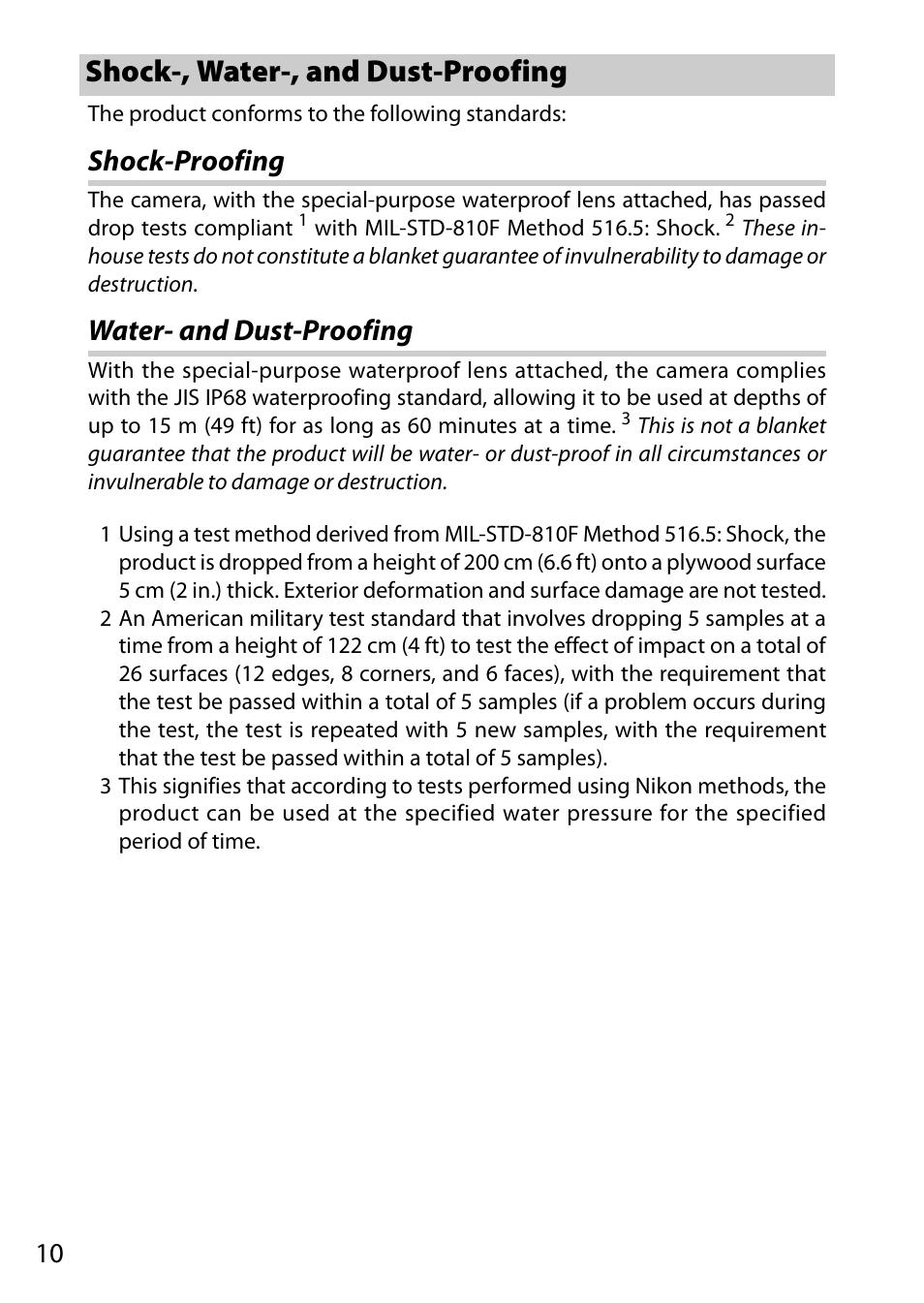 Shock-, water-, and dust-proofing, Shock-proofing, Water- and dust-proofing | Nikon AW1 User Manual | Page 12 / 144