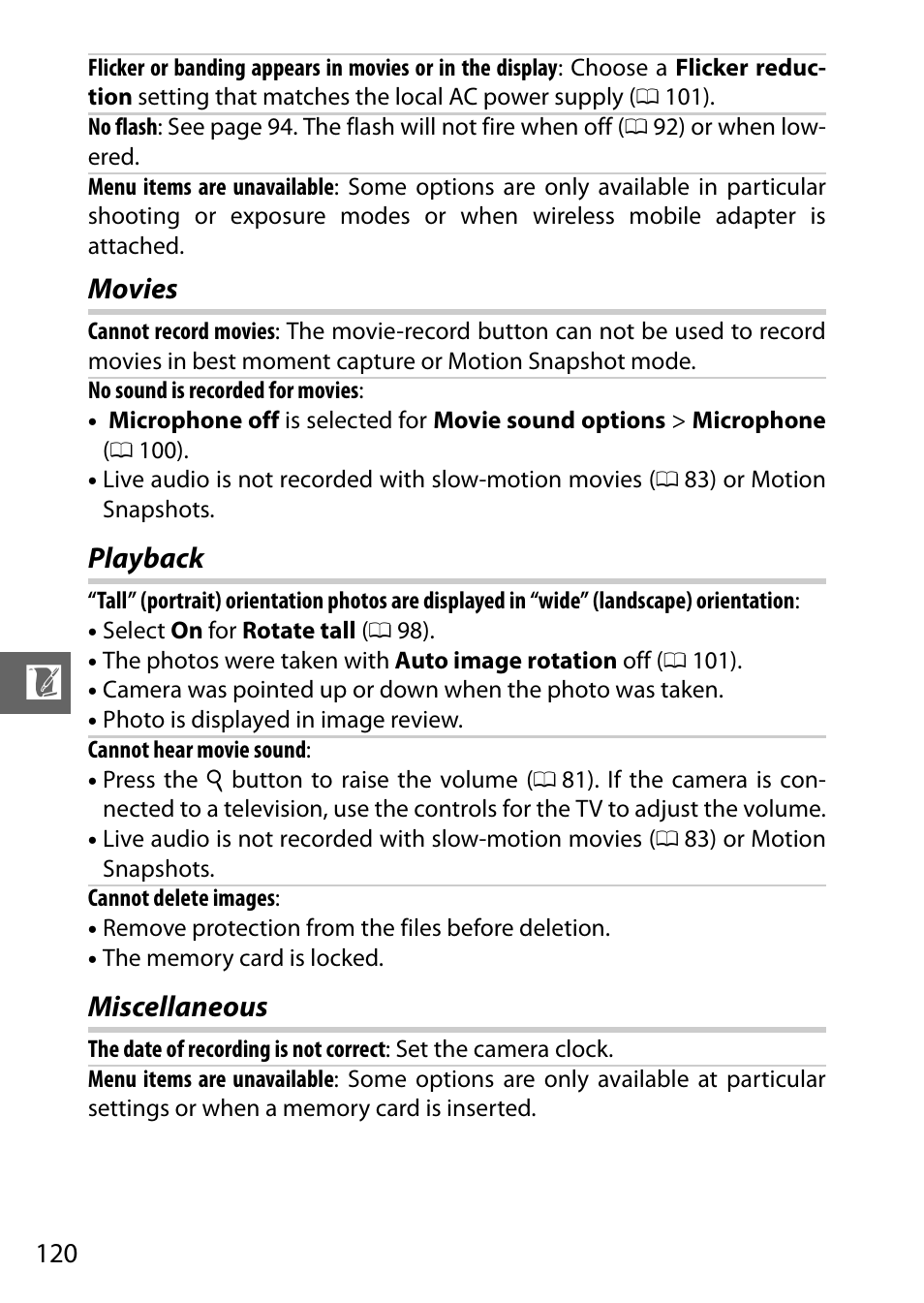 Movies, Playback, Miscellaneous | Movies playback miscellaneous | Nikon AW1 User Manual | Page 122 / 144