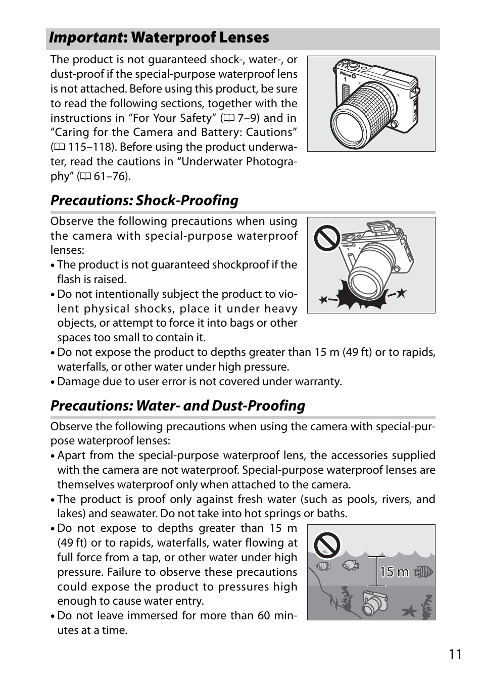 Important: waterproof lenses, Precautions: shock-proofing, Precautions: water- and dust-proofing | Important : waterproof lenses, 15 m | Nikon AW1 User Manual | Page 13 / 144