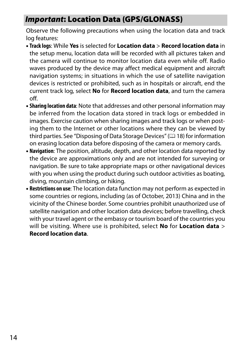 Important: location data (gps/glonass), Important : location data (gps/glonass) | Nikon AW1 User Manual | Page 16 / 144