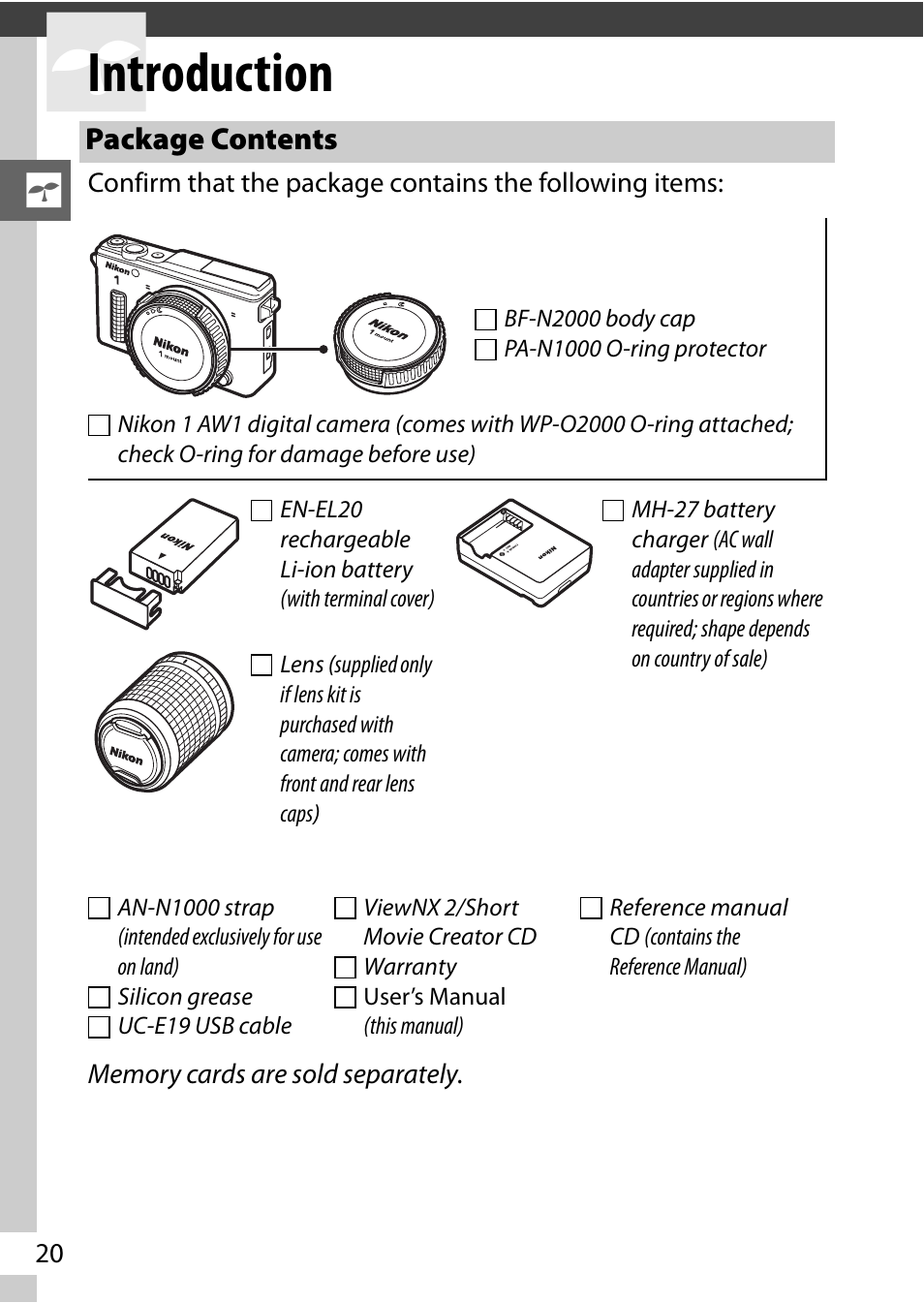 Introduction, Package contents | Nikon AW1 User Manual | Page 22 / 144