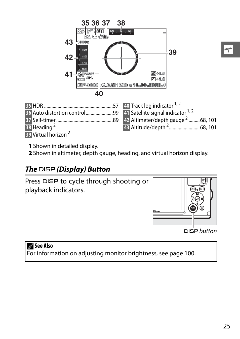 Titude or depth, The $ (display) button | Nikon AW1 User Manual | Page 27 / 144