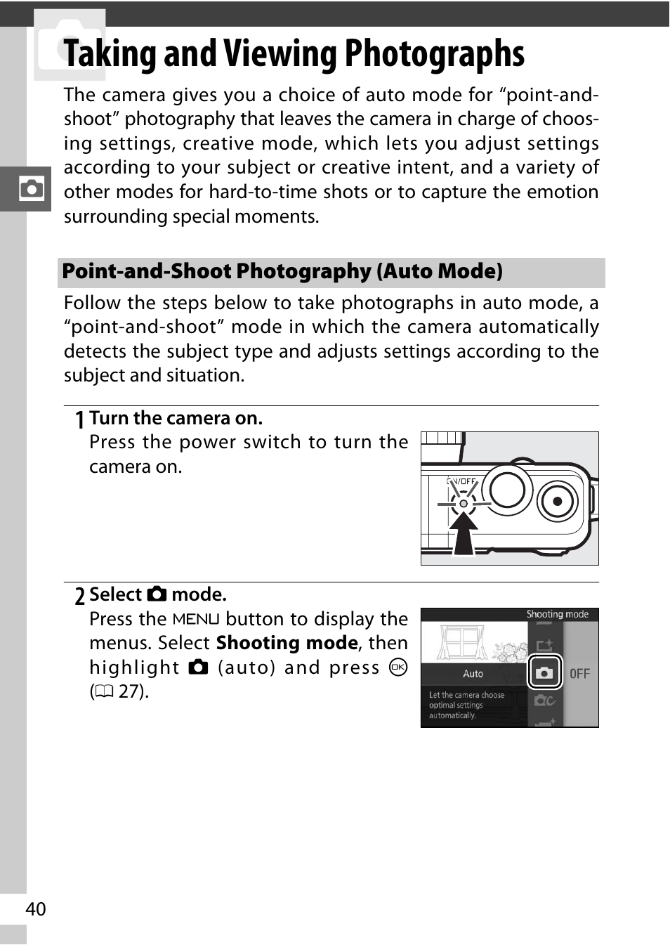 Taking and viewing photographs, Point-and-shoot photography (auto mode), 0 40), c | Nikon AW1 User Manual | Page 42 / 144