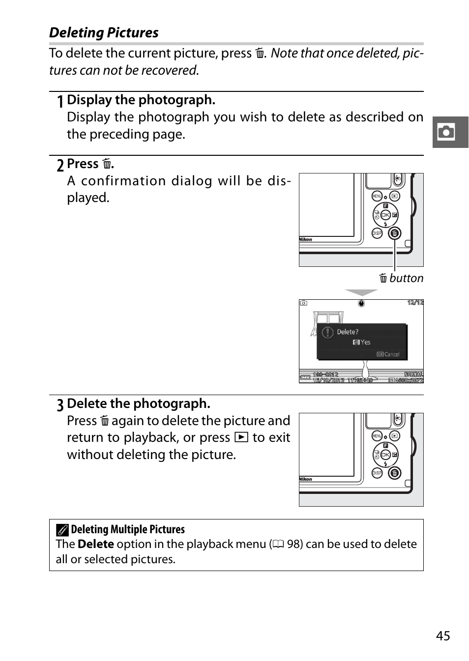 Deleting pictures | Nikon AW1 User Manual | Page 47 / 144