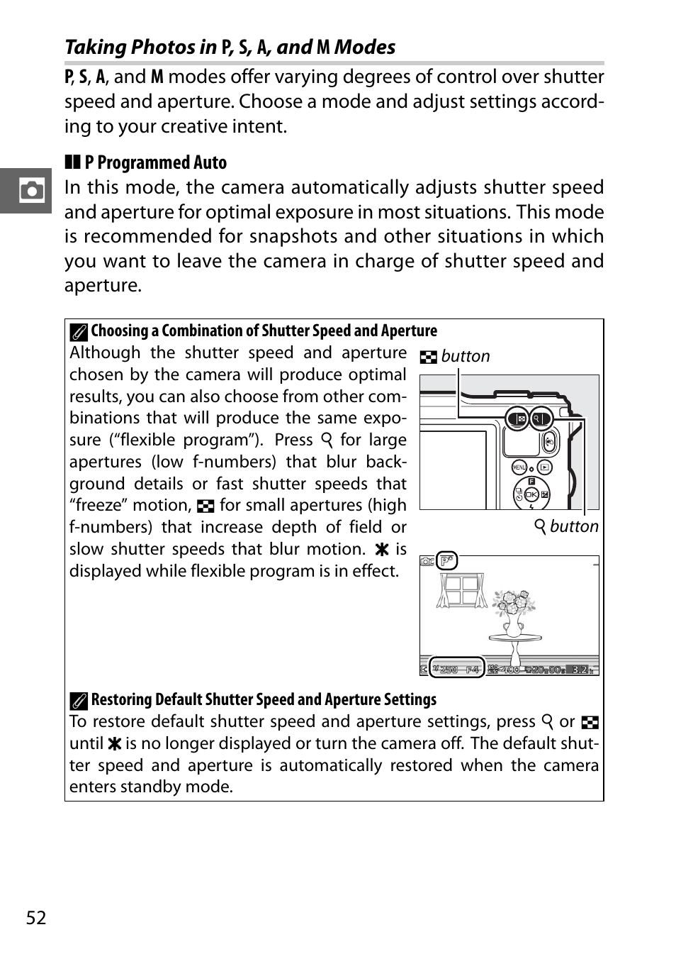 Taking photos in p, s, a, and m modes | Nikon AW1 User Manual | Page 54 / 144