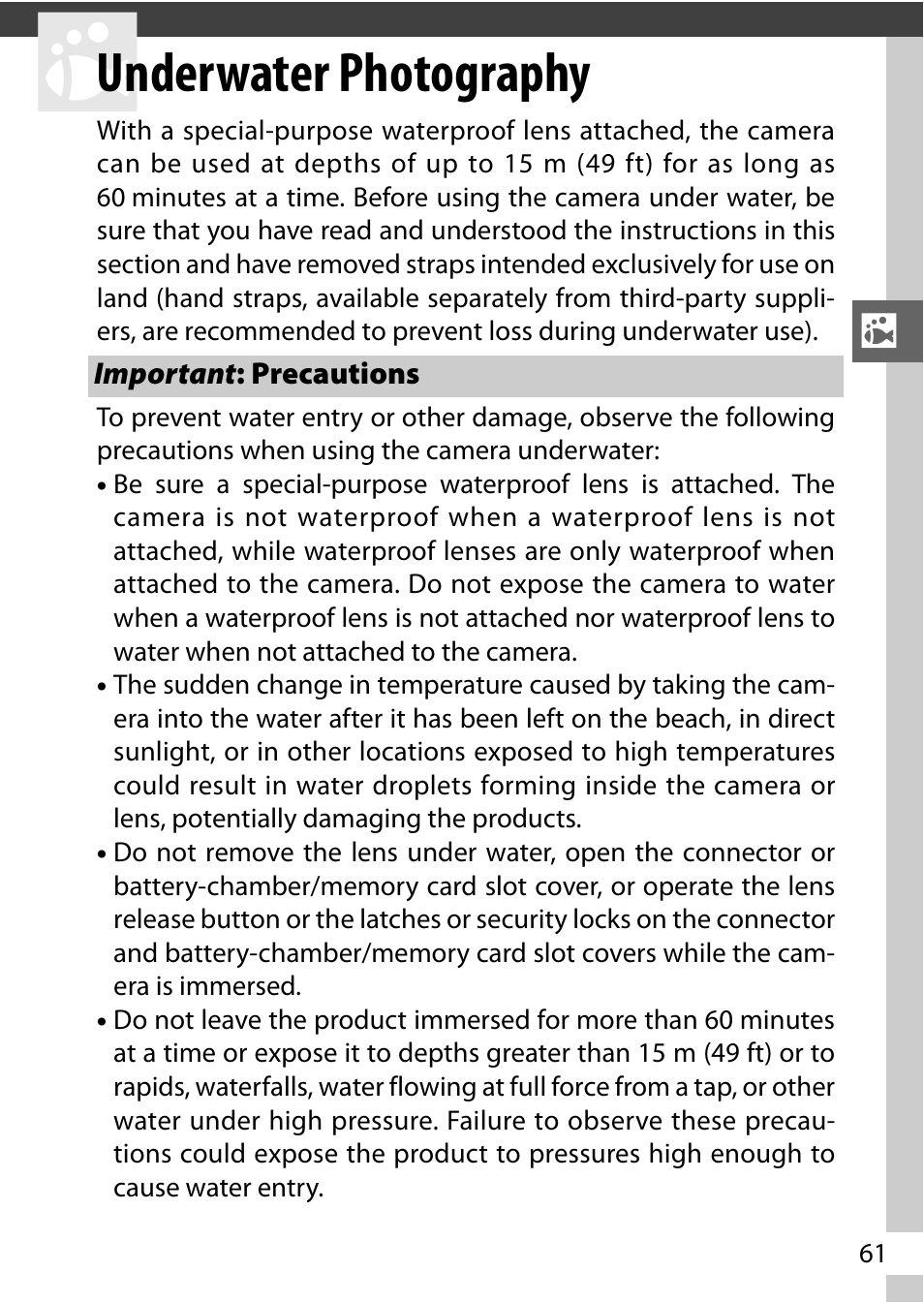 Underwater photography, Important: precautions, In “underwater photogra- phy | Nikon AW1 User Manual | Page 63 / 144