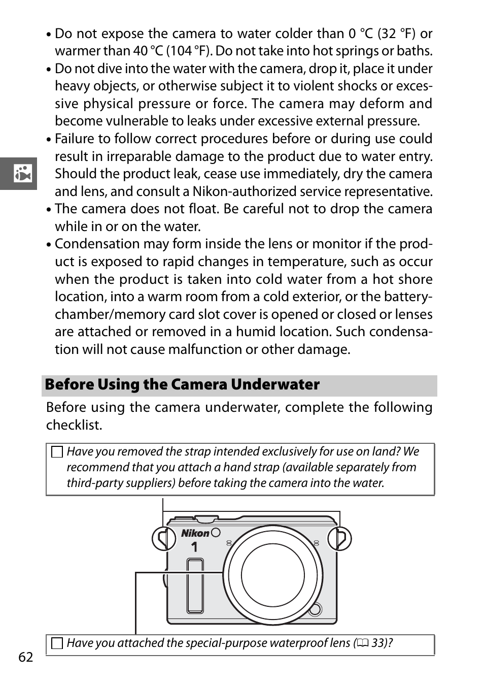 Before using the camera underwater | Nikon AW1 User Manual | Page 64 / 144