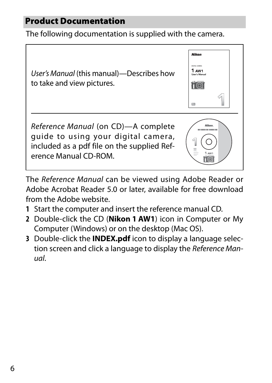 Product documentation, 0 6). t | Nikon AW1 User Manual | Page 8 / 144