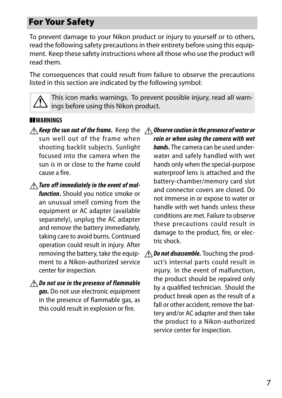 For your safety | Nikon AW1 User Manual | Page 9 / 144