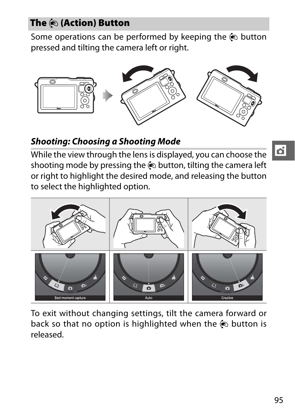 The action button, Shooting: choosing a shooting mode | Nikon AW1 User Manual | Page 97 / 144