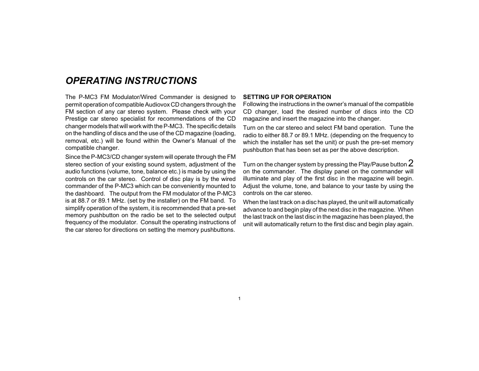 Operating instructions | Audiovox Prestige P-MC3 User Manual | Page 3 / 8