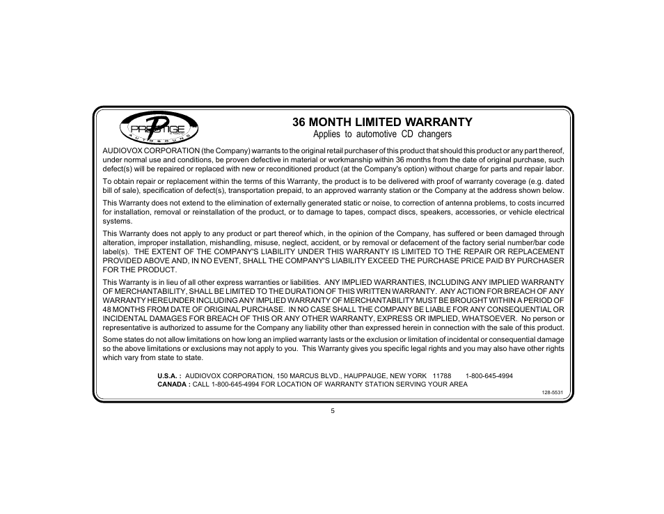 36 month limited warranty, Applies to automotive cd changers | Audiovox Prestige P-MC3 User Manual | Page 7 / 8