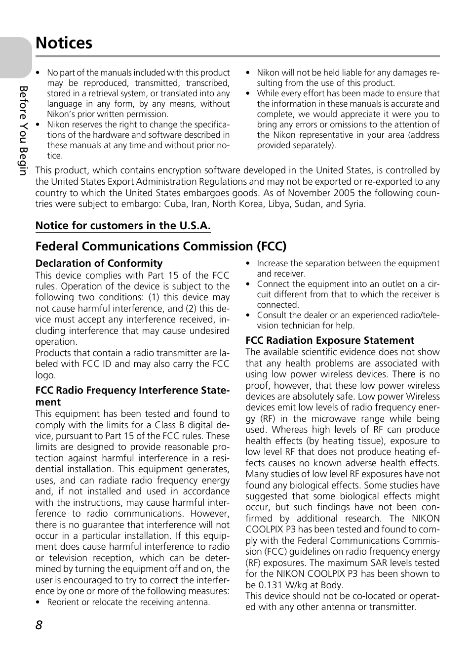 Notices, Federal communications commission (fcc) | Nikon P3 User Manual | Page 10 / 161