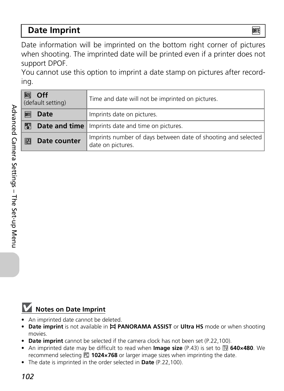 Date imprint b | Nikon P3 User Manual | Page 104 / 161