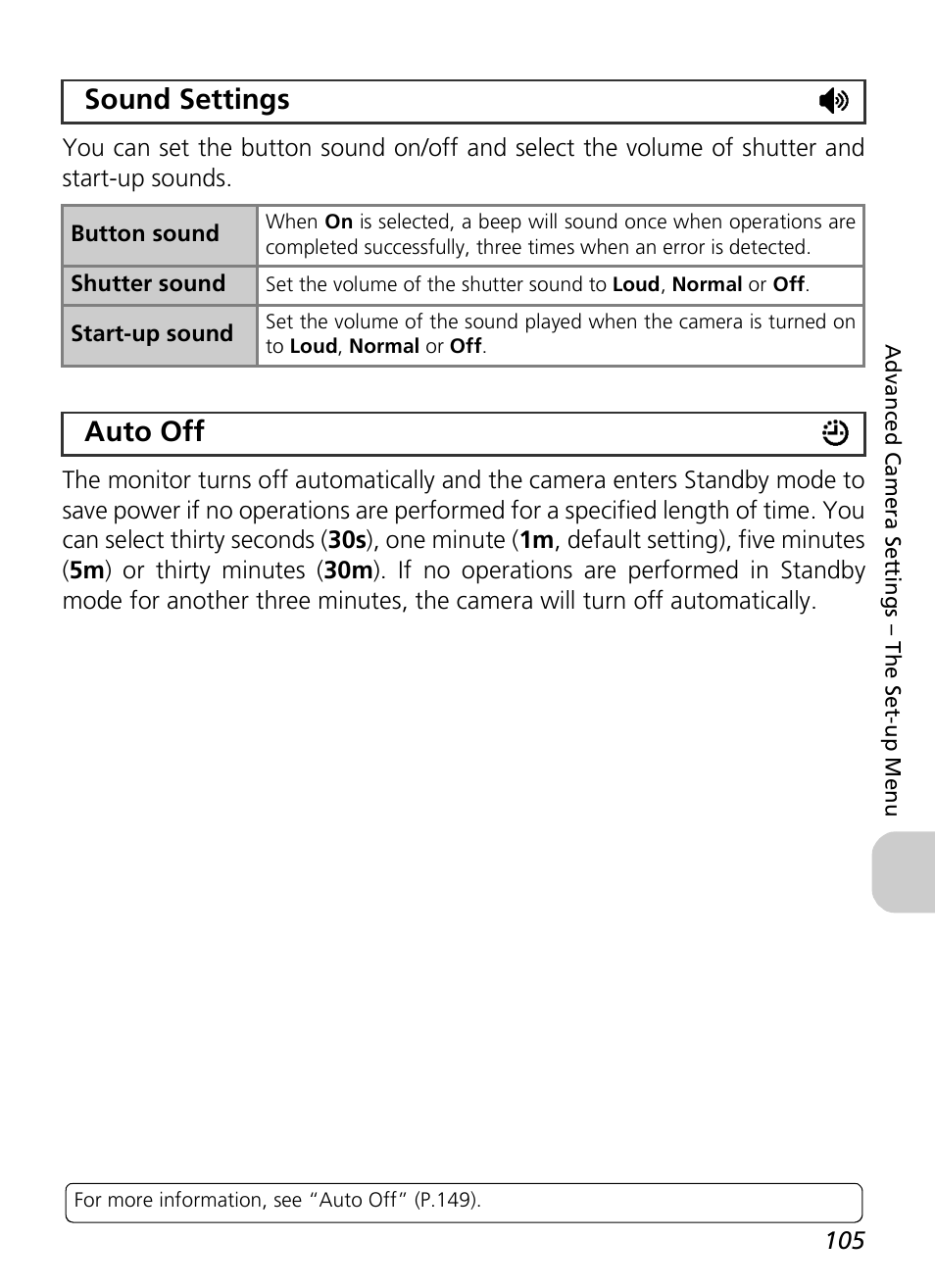 Sound settings h, Auto off i | Nikon P3 User Manual | Page 107 / 161