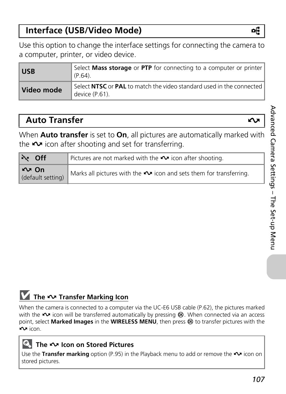 Interface (usb/video mode) k, Auto transfer e | Nikon P3 User Manual | Page 109 / 161