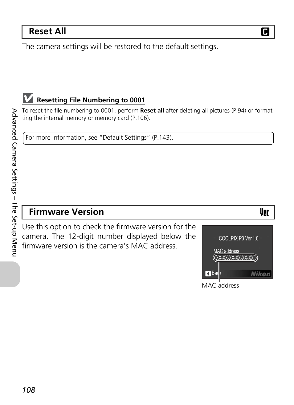 Reset all n firmware version b | Nikon P3 User Manual | Page 110 / 161