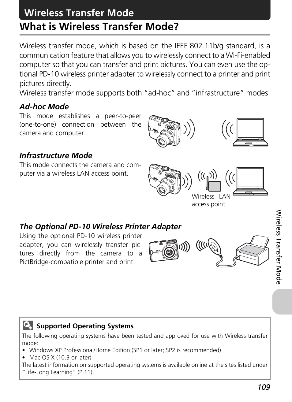 What is wireless transfer mode, Wireless transfer mode, Infrastructure mode | The optional pd-10 wireless printer adapter | Nikon P3 User Manual | Page 111 / 161