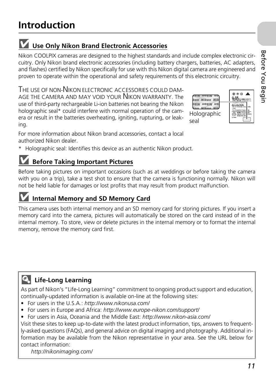 Introduction | Nikon P3 User Manual | Page 13 / 161