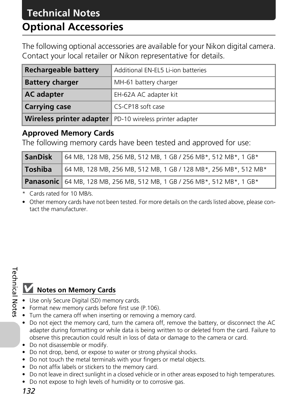 Optional accessories | Nikon P3 User Manual | Page 134 / 161