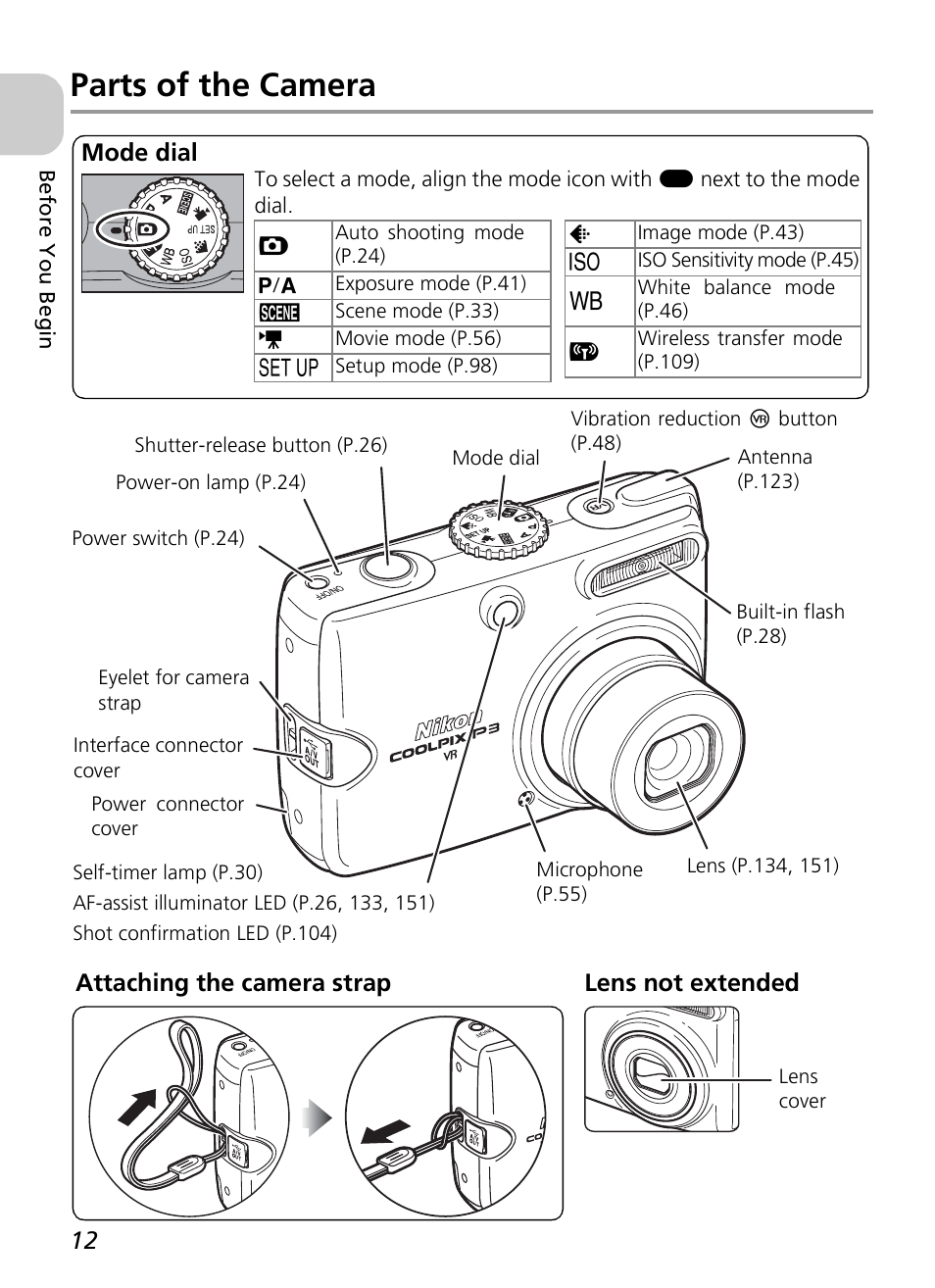 Parts of the camera, Attaching the camera strap lens not extended, Mode dial | Nikon P3 User Manual | Page 14 / 161