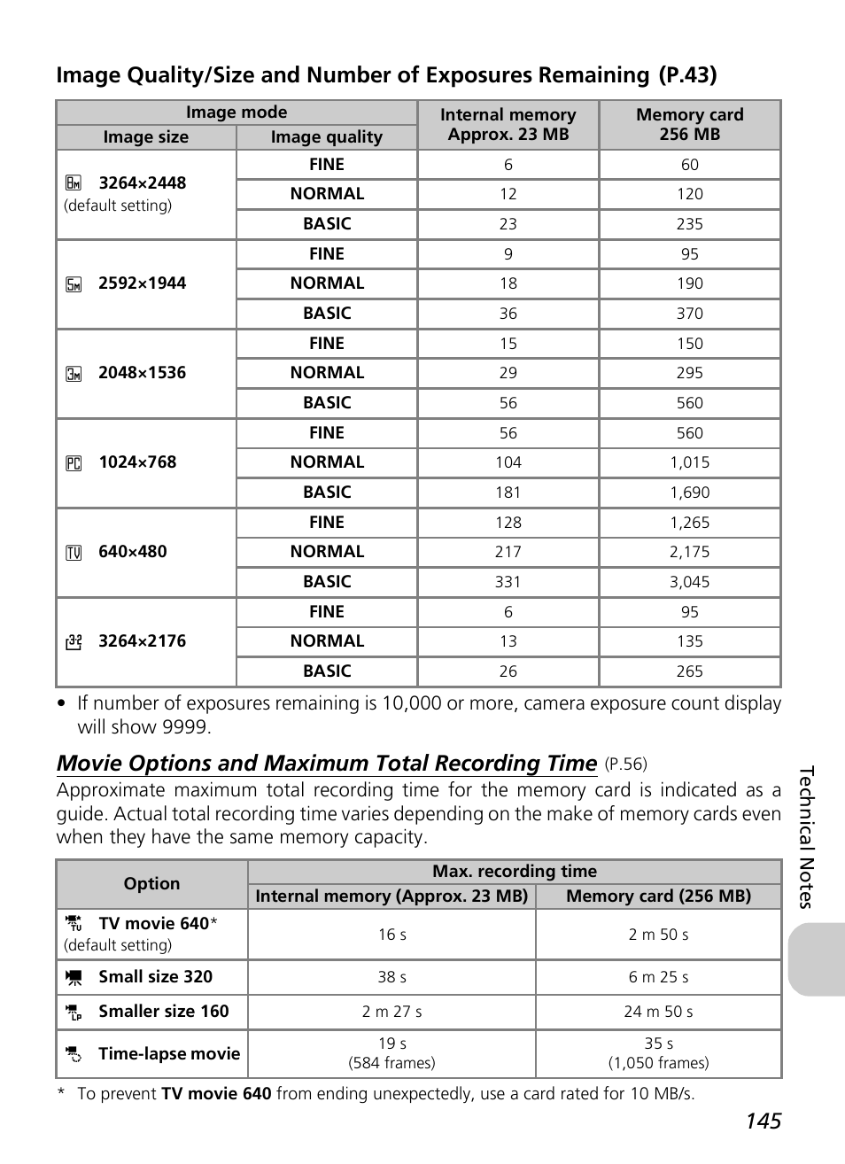 Movie options and maximum total recording time, P.43) | Nikon P3 User Manual | Page 147 / 161