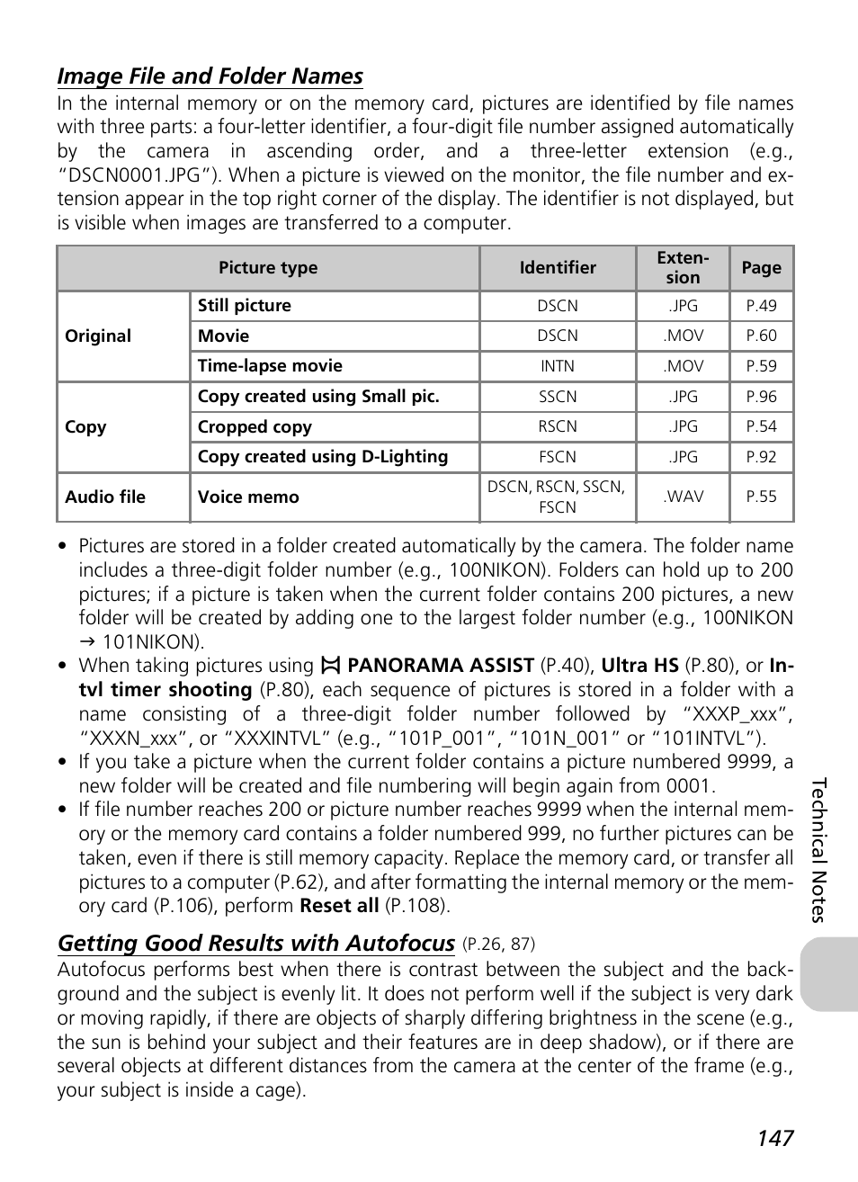 Image file and folder names, Getting good results with autofocus | Nikon P3 User Manual | Page 149 / 161