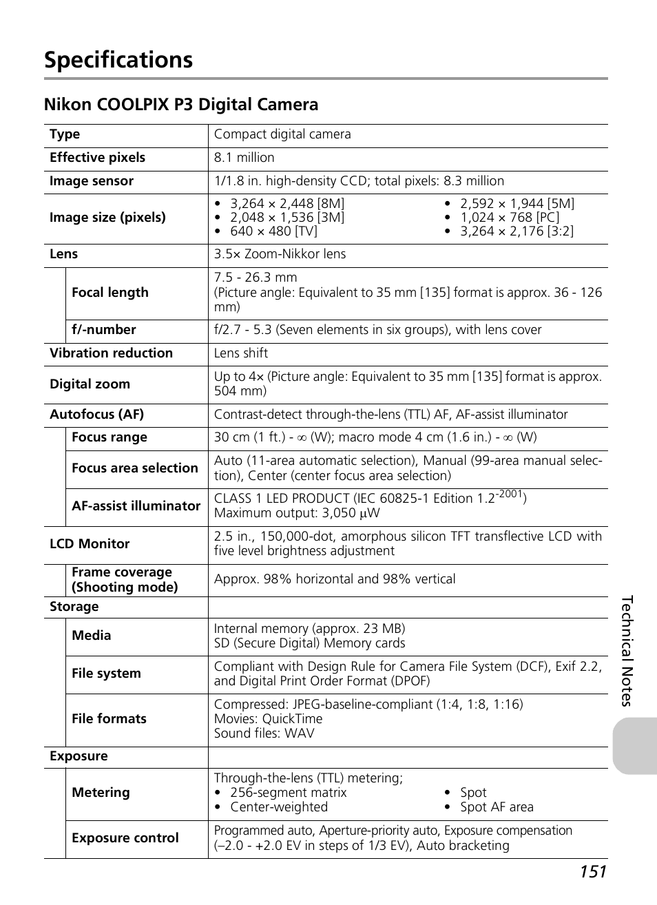 Specifications, Nikon coolpix p3 digital camera | Nikon P3 User Manual | Page 153 / 161