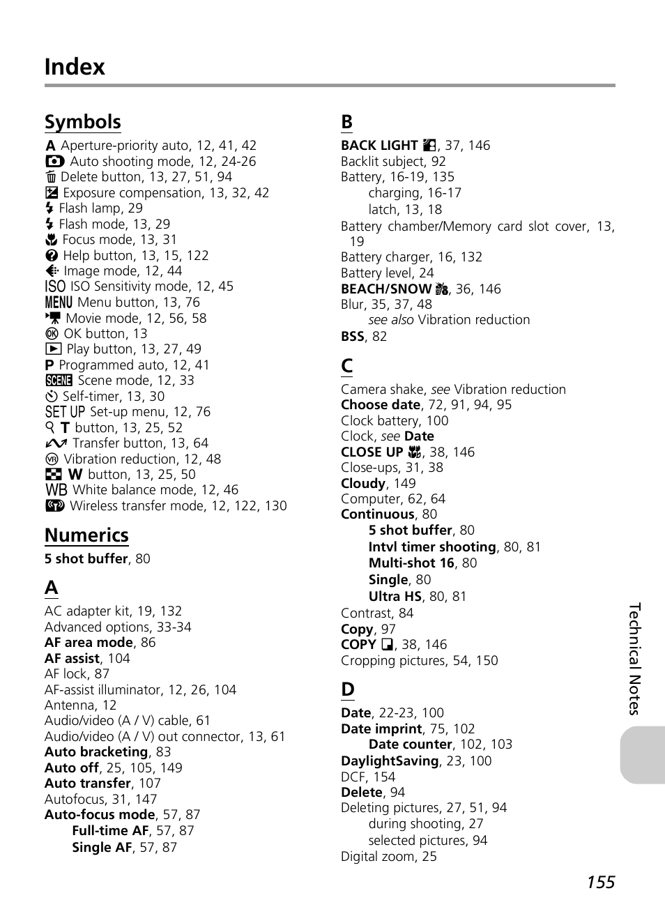 Index, Symbols, Numerics | Nikon P3 User Manual | Page 157 / 161