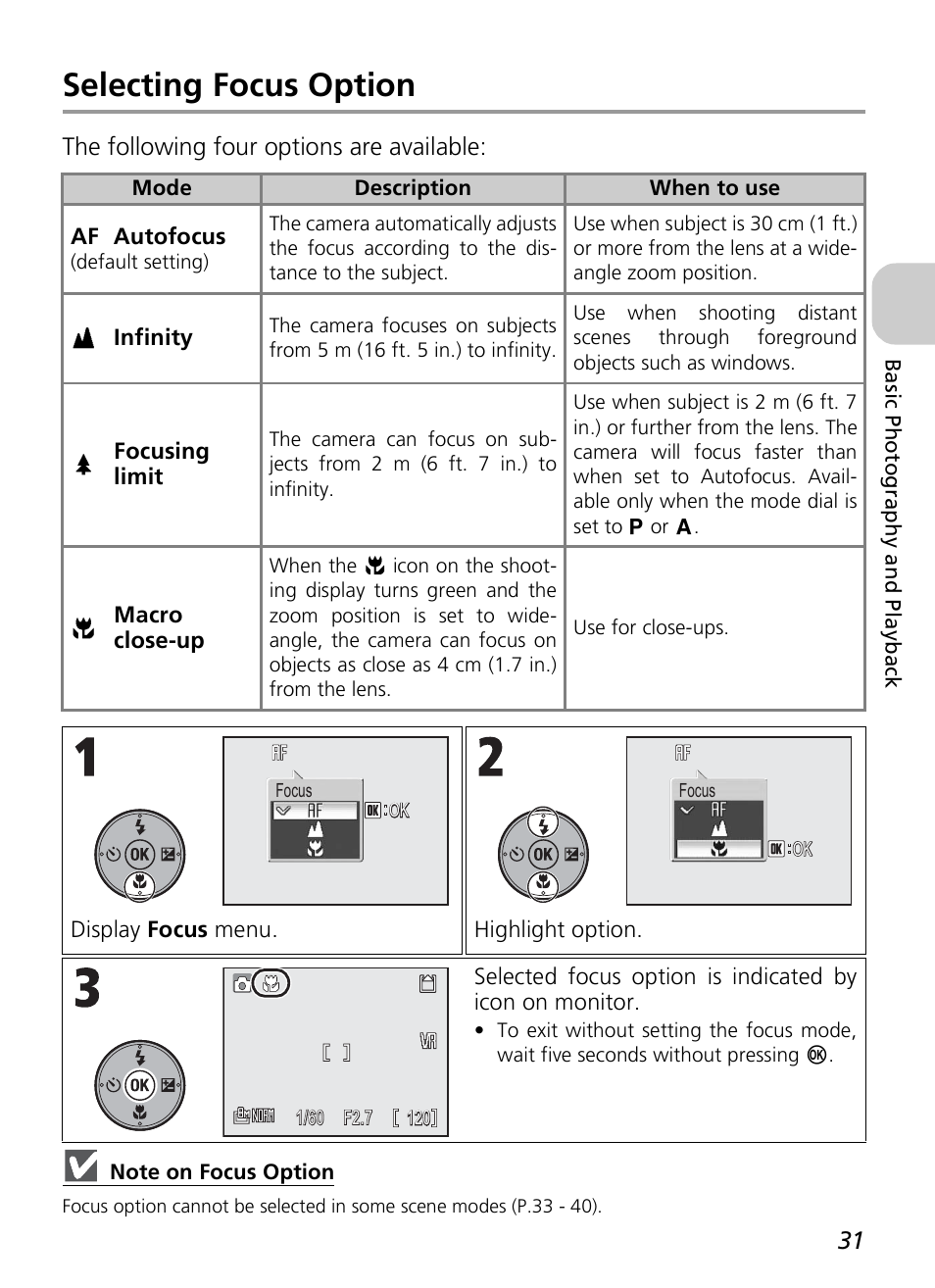 Selecting focus option, The following four options are available | Nikon P3 User Manual | Page 33 / 161