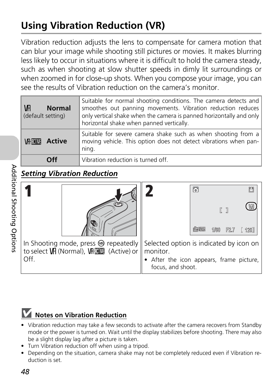 Using vibration reduction (vr) | Nikon P3 User Manual | Page 50 / 161