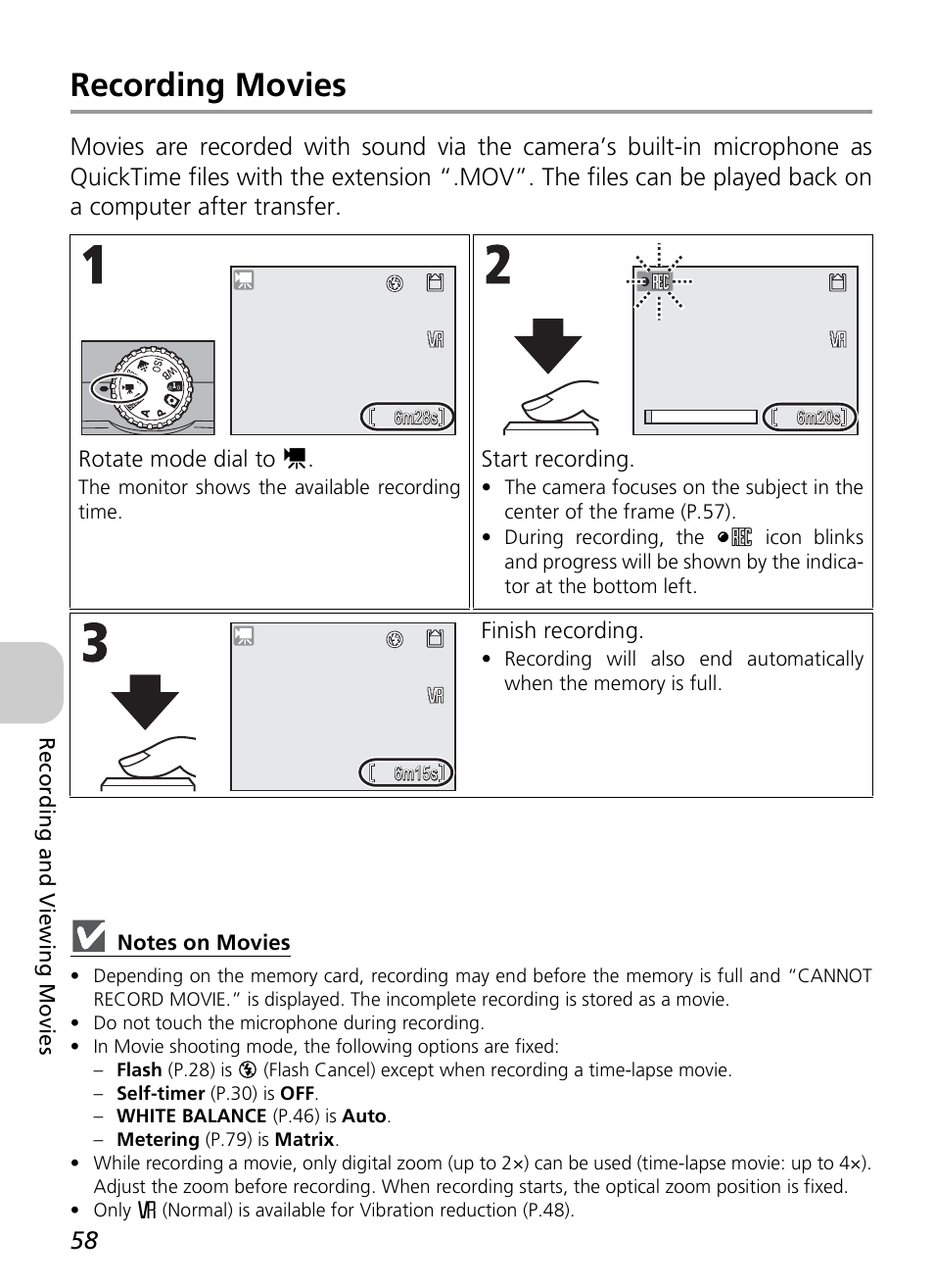 Recording movies | Nikon P3 User Manual | Page 60 / 161