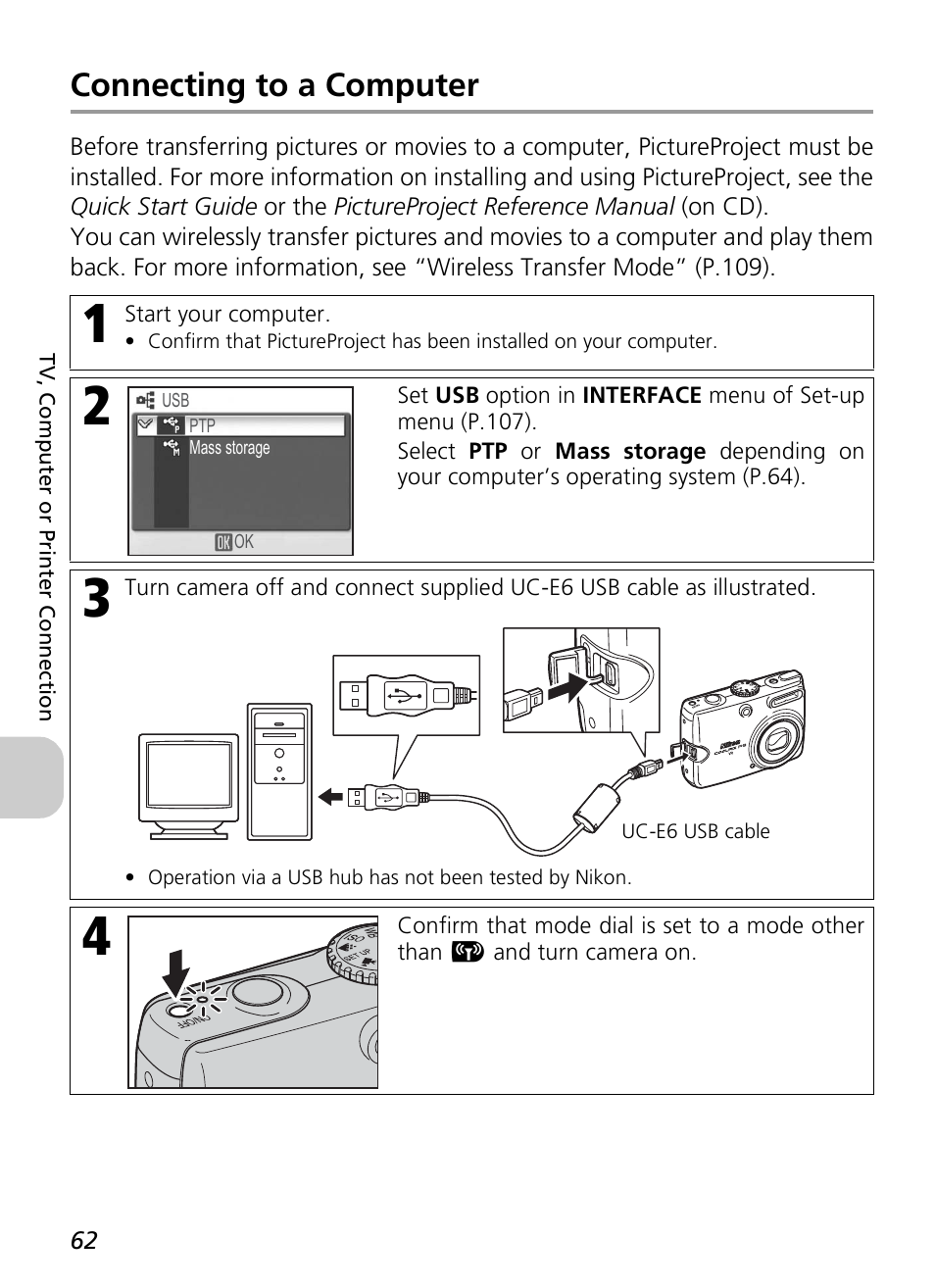 Connecting to a computer | Nikon P3 User Manual | Page 64 / 161