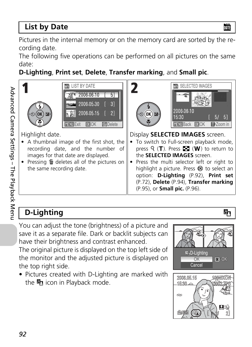 List by date l, D-lighting u | Nikon P3 User Manual | Page 94 / 161