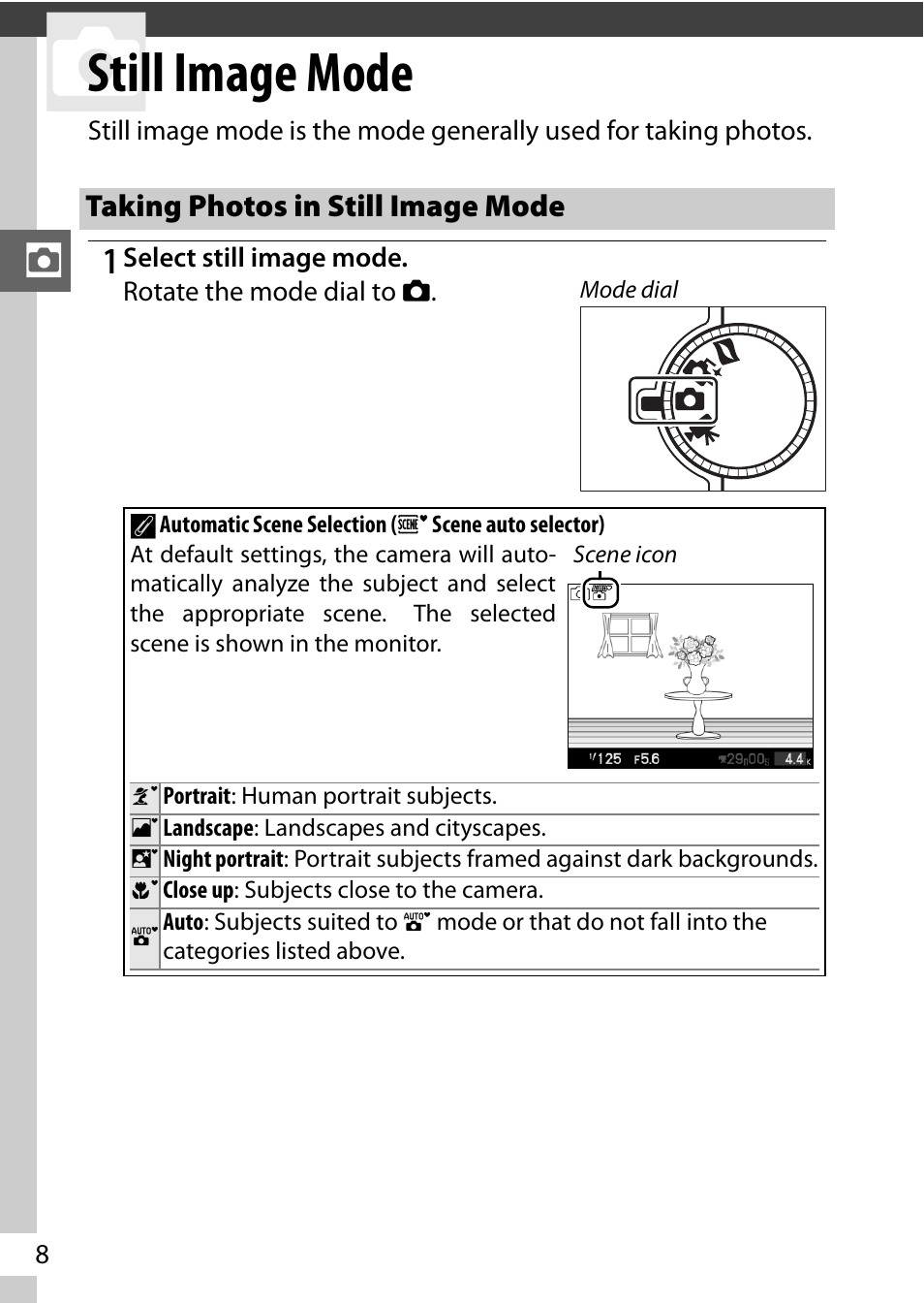 Still image mode, Taking photos in still image mode | Nikon V1 User Manual | Page 20 / 88