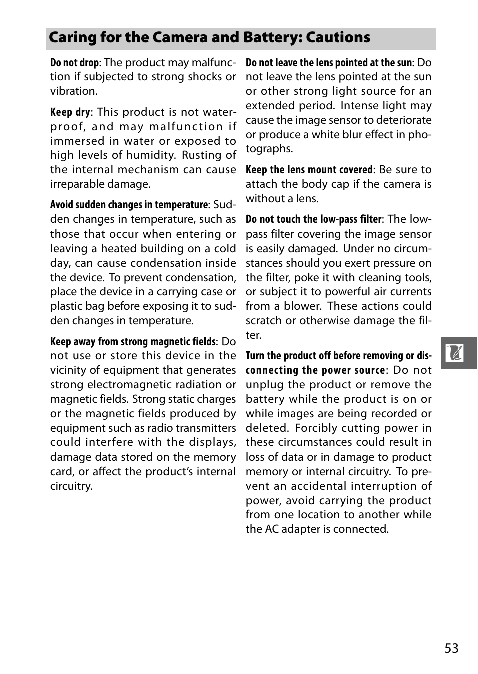 Caring for the camera and battery: cautions | Nikon V1 User Manual | Page 65 / 88