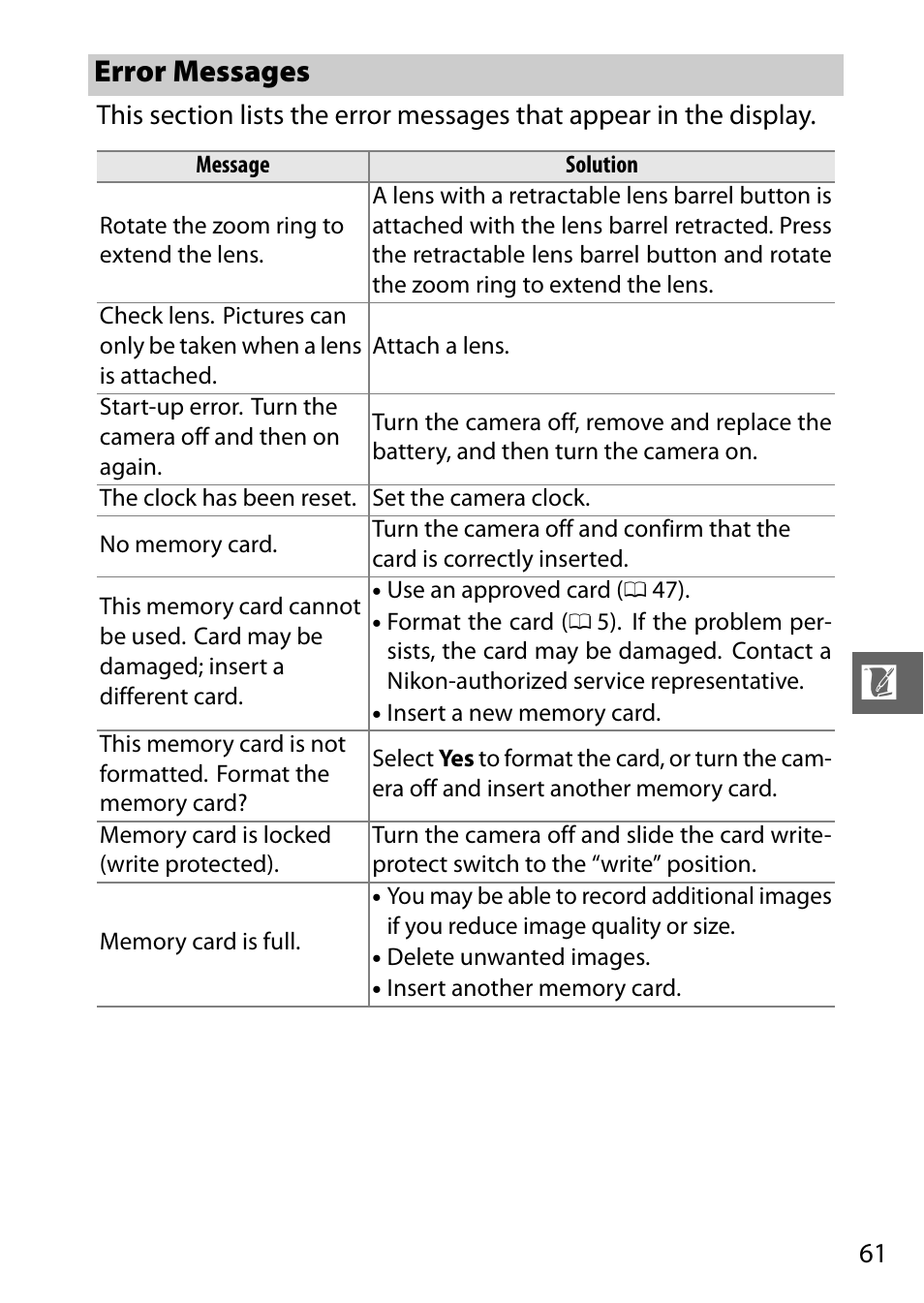 Error messages | Nikon V1 User Manual | Page 73 / 88