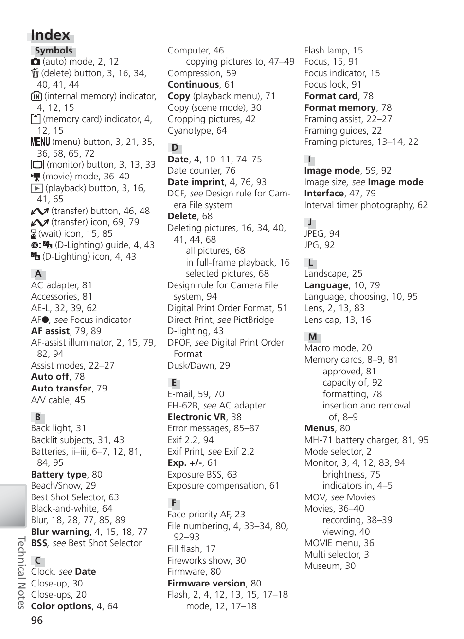 Index | Nikon S4 User Manual | Page 106 / 108