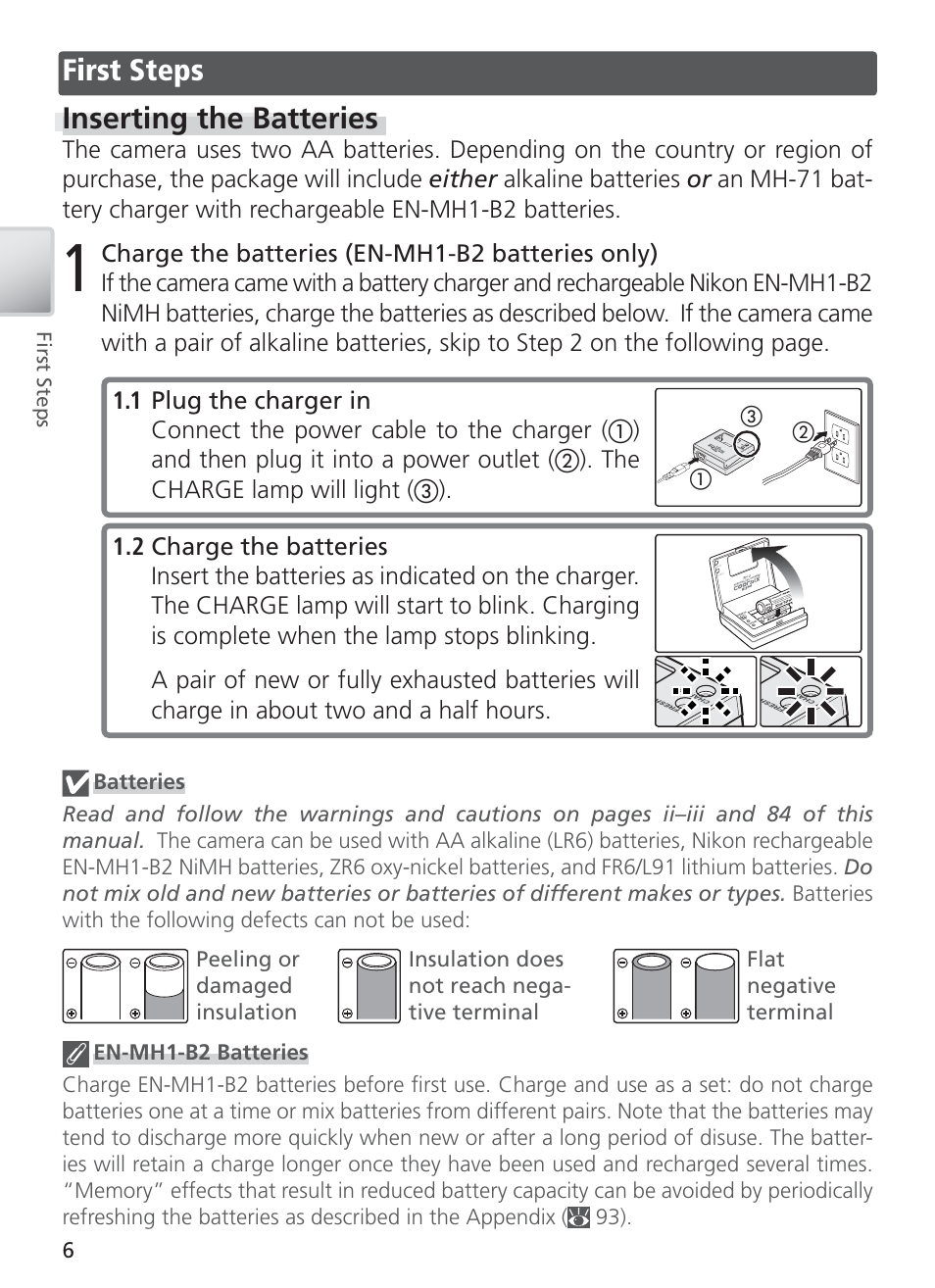 First steps, Inserting the batteries, First steps inserting the batteries | Nikon S4 User Manual | Page 16 / 108