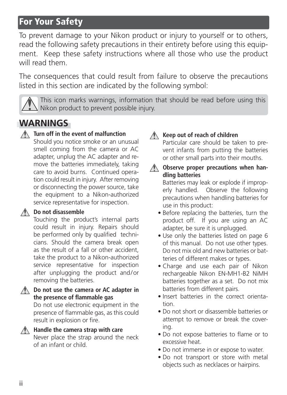 For your safety, Warnings | Nikon S4 User Manual | Page 4 / 108
