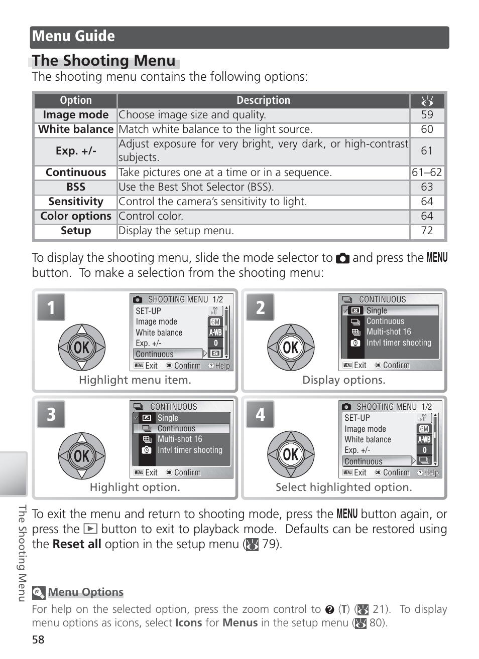 Menu guide, The shooting menu, Menu guide the shooting menu | The shooting menu contains the following options | Nikon S4 User Manual | Page 68 / 108