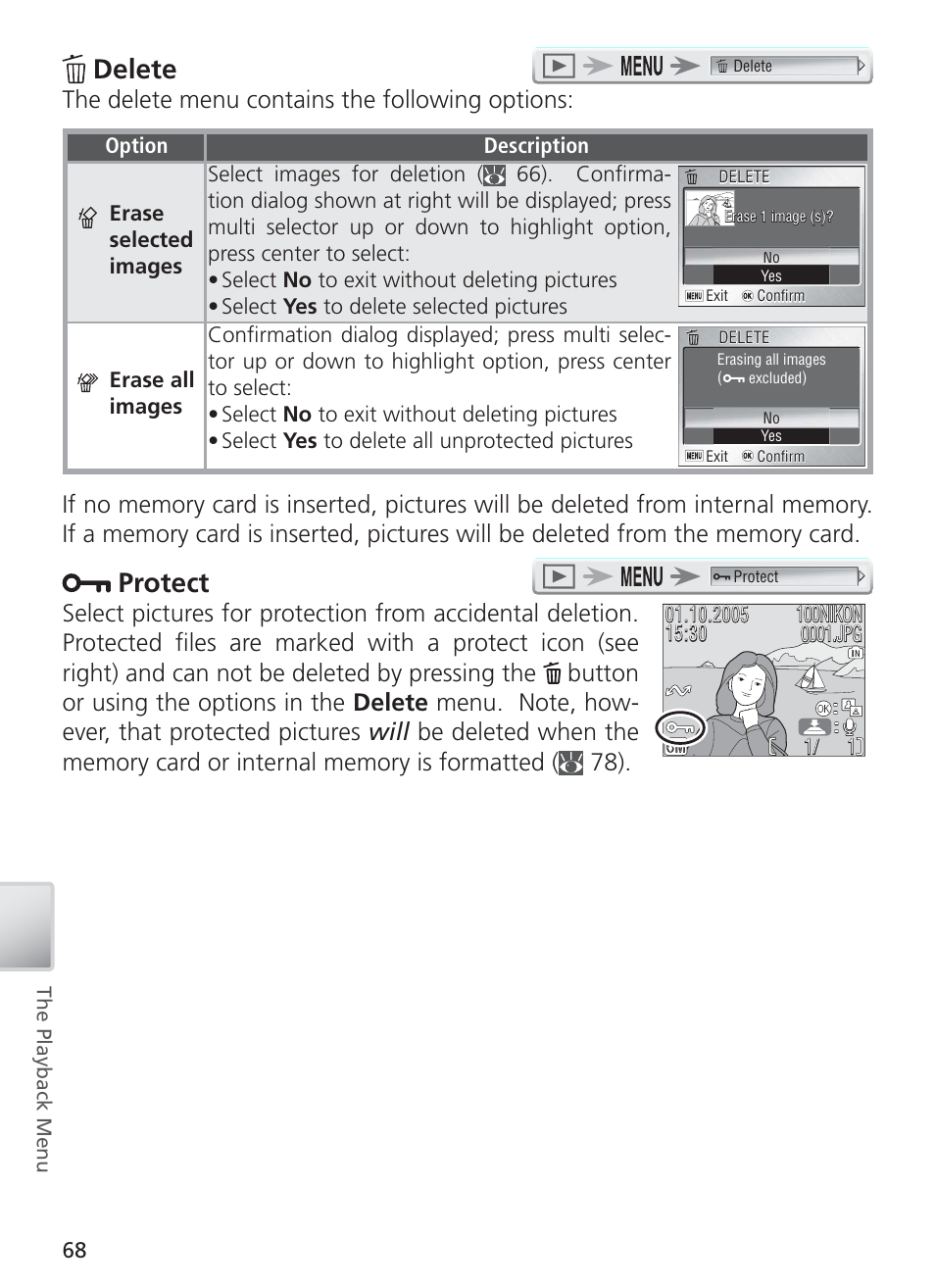 Delete, Protect, The delete menu contains the following options | Nikon S4 User Manual | Page 78 / 108